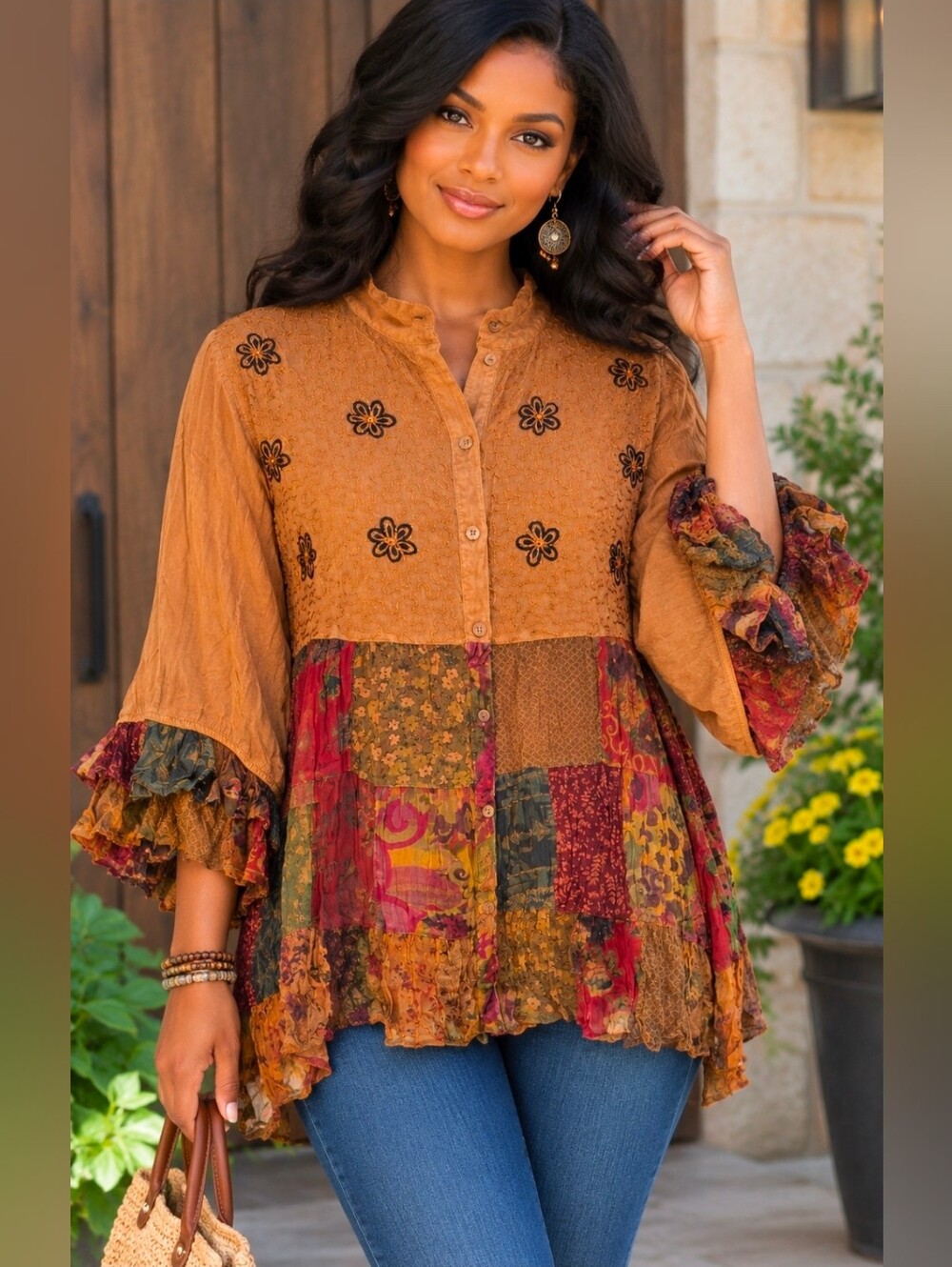 New!! Young Threads Boho Cottagecore Flowy Mustard Patchwork Embroidered Tunic,